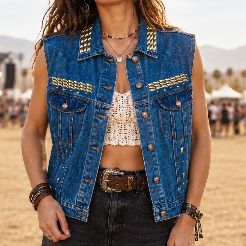 Boom-Boom Simon Chang Denim Vest Women Lg Gold Studded Rhinestone Vintage 80s
